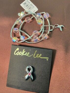 Cookie Lee Iridescent Pink Crystal Ribbon Bracelet and Pin Set